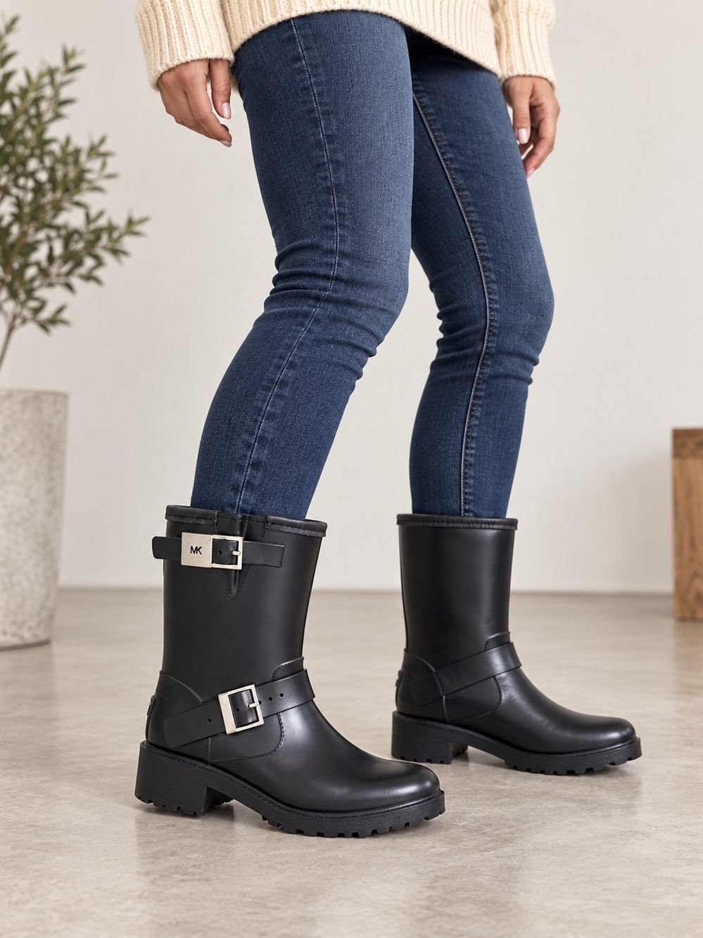 Michael Kors Black Mid-Calf Buckle Rain Boots